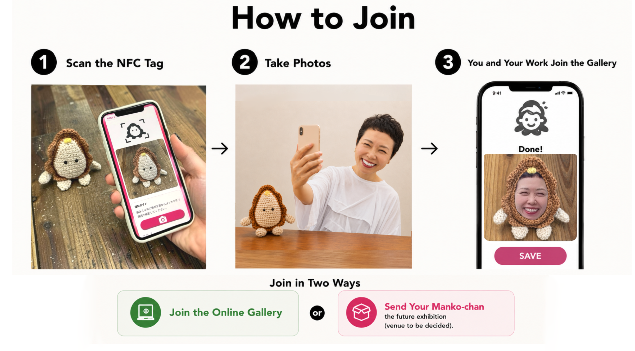 How to Join: scan the NFC tag, take photos, and you and your work join the gallery. Join in two ways: online gallery or send your Manko-chan.