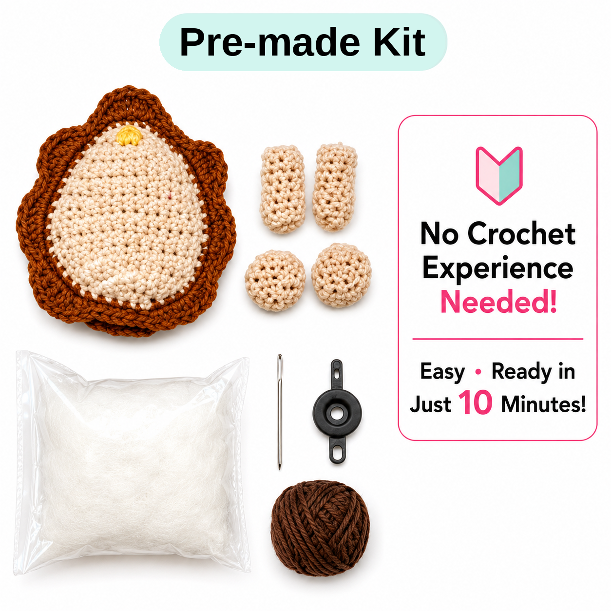 Pre-made Kit contents. No crochet experience needed.